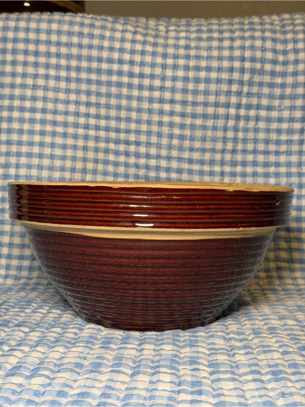 Vintage Monmouth Western Stoneware Maple Leaf Ribbed Beehive Mixing Bowl Brown C